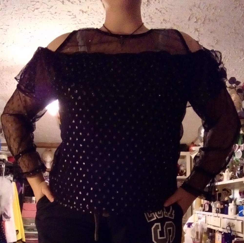 Black and silver cold shoulder top